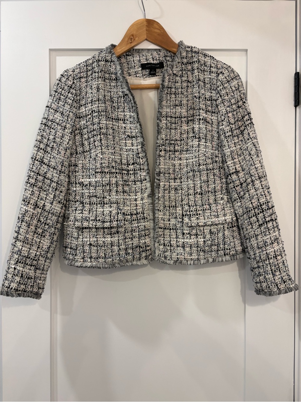 Ann Taylor Bouclé Tweed Fringe Open-Front Jacket Size 2